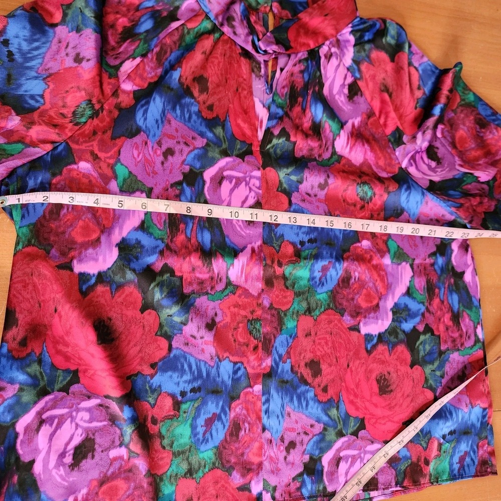 Talbots Twist Neck Satin Charmeuse Blouse‎ Top XL Wrapped Jewel Tone Floral Chic - Picture 6 of 11